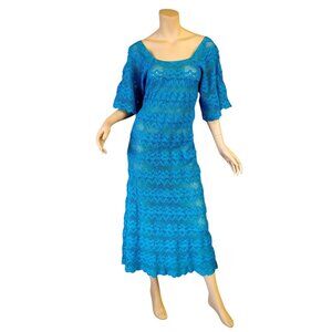Vintage 70's Vibrant Turquoise Mexican Boho Crocheted Maxi Dress * Medium